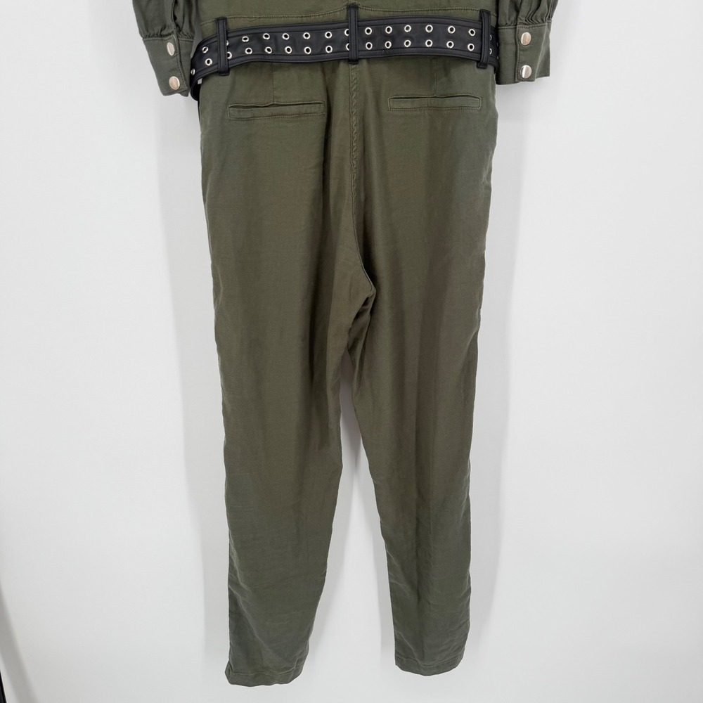 The Kooples Jeans Utility Jumpsuit Olive Green Linen Blend Belted Snap Front 2 M - Picture 14 of 16